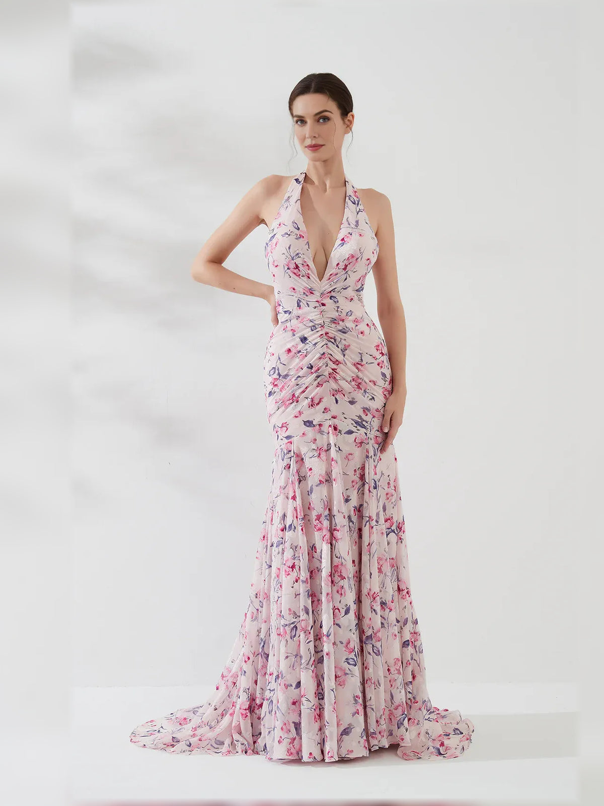 As Picture mermaid floor-length formal dress with halter neckline, full-length front view