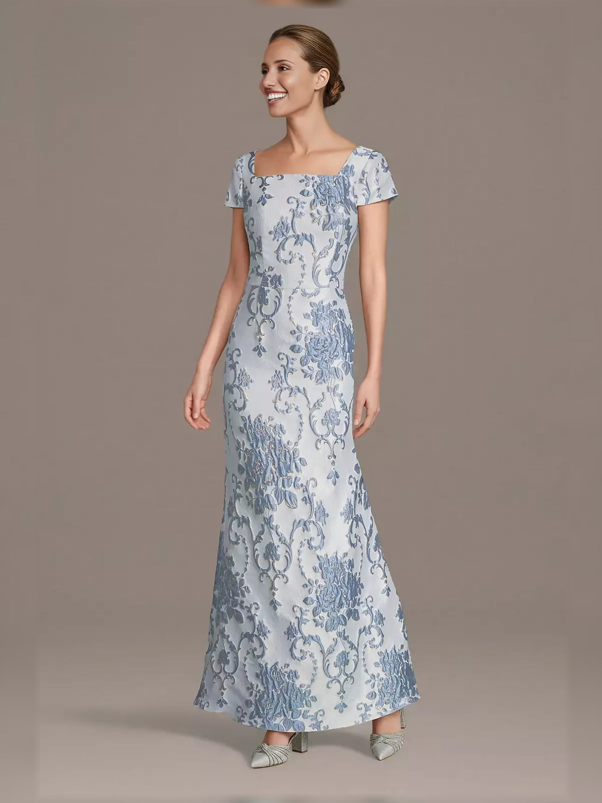Blue short mother of the bride dress, front view showing the mermaid silhouette