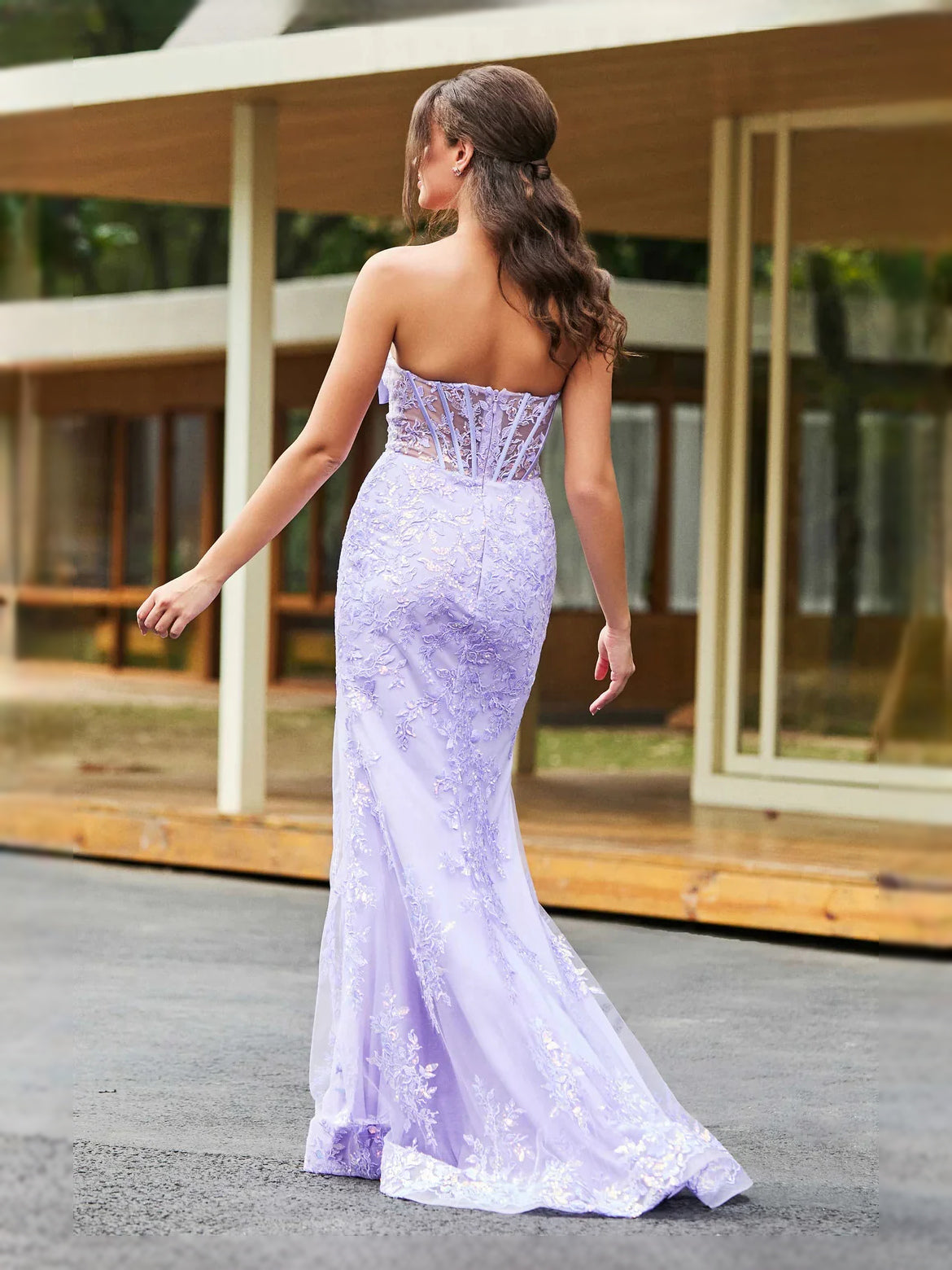 Lilac floor-length prom dress, front view showing the mermaid silhouette
