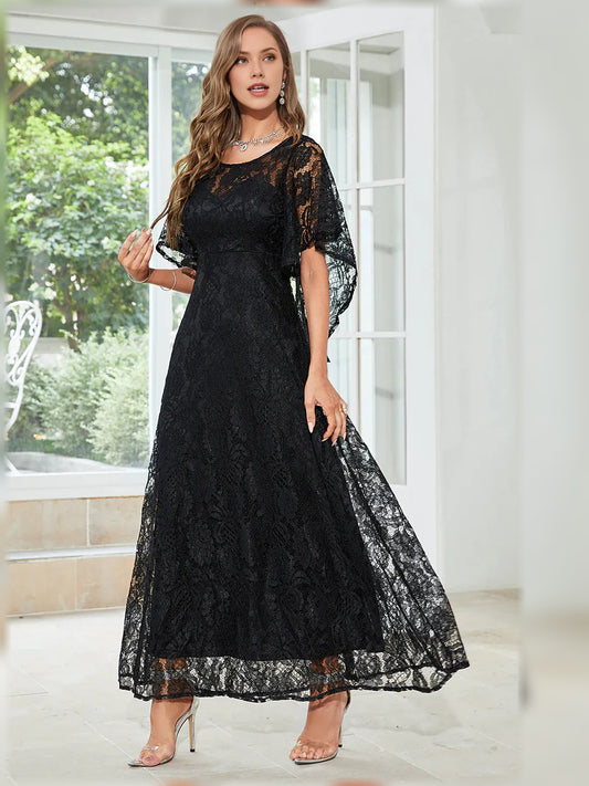 Black a-line floor-length formal dress, full-length front view