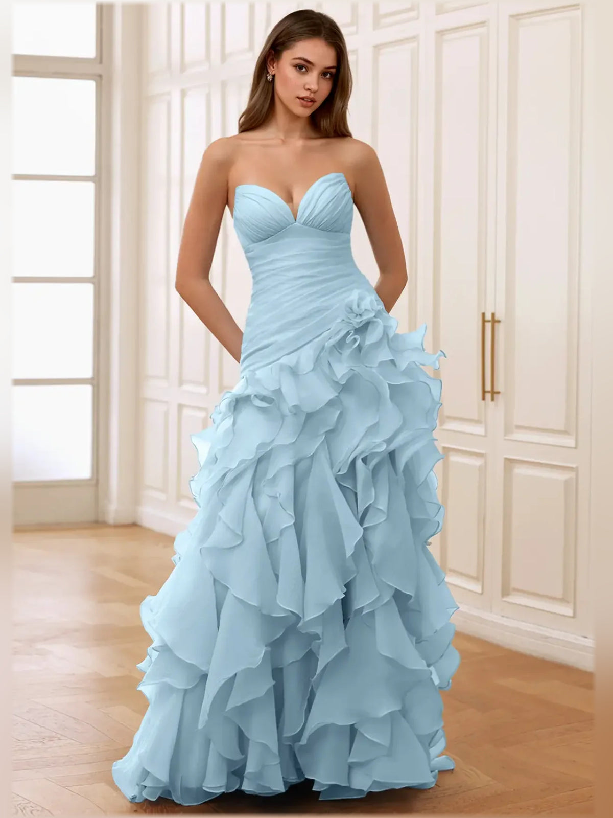 Sky Blue a-line floor-length formal dress with strapless neckline, full-length front view