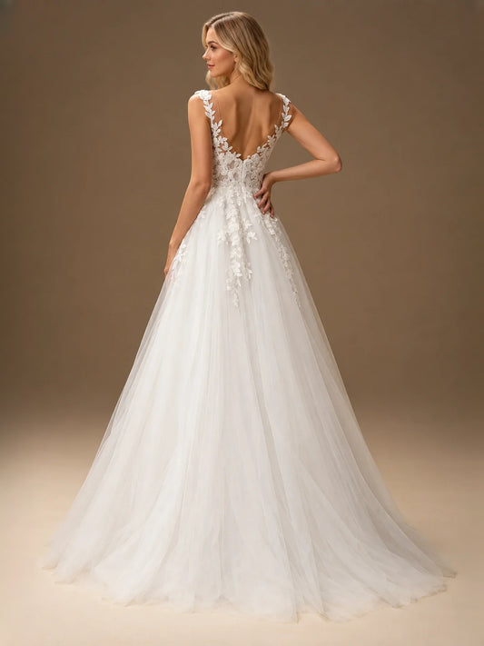 Ivory floor-length wedding dress, front view showing the a-line silhouette