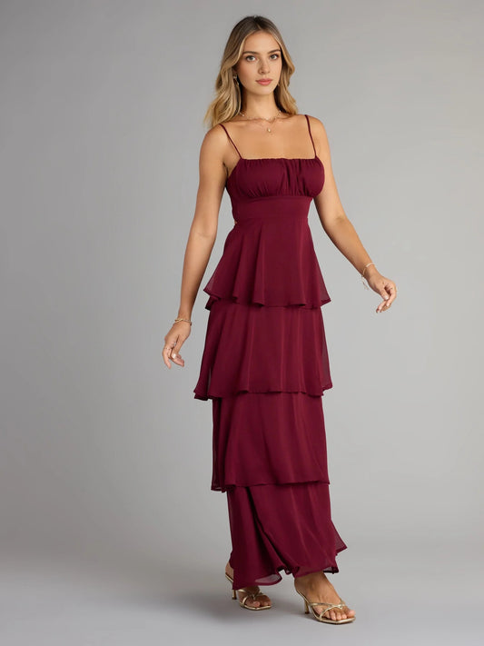 Wine floor-length prom dress, front view showing the a-line silhouette