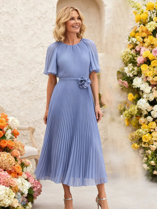 Dusty Blue short mother of the bride dress, front view showing the a-line silhouette
