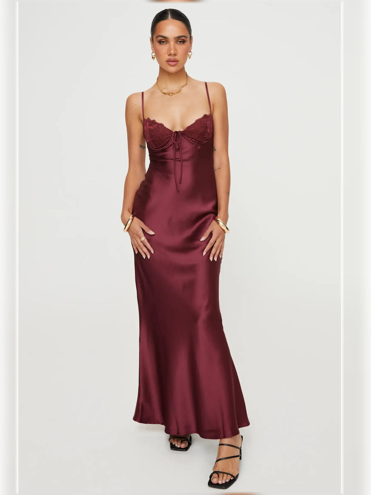 Dark Red bodycon floor-length formal dress with sweetheart neckline, full-length front view