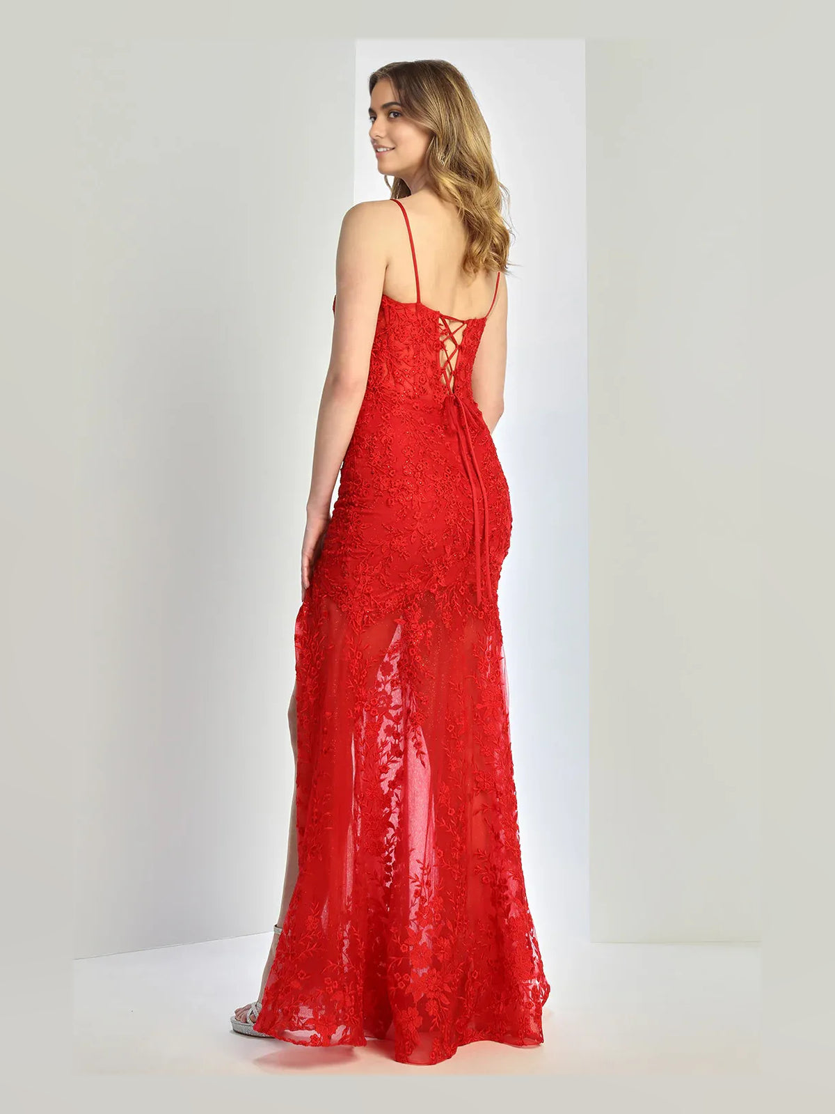 Red floor-length prom dress, front view showing the mermaid silhouette