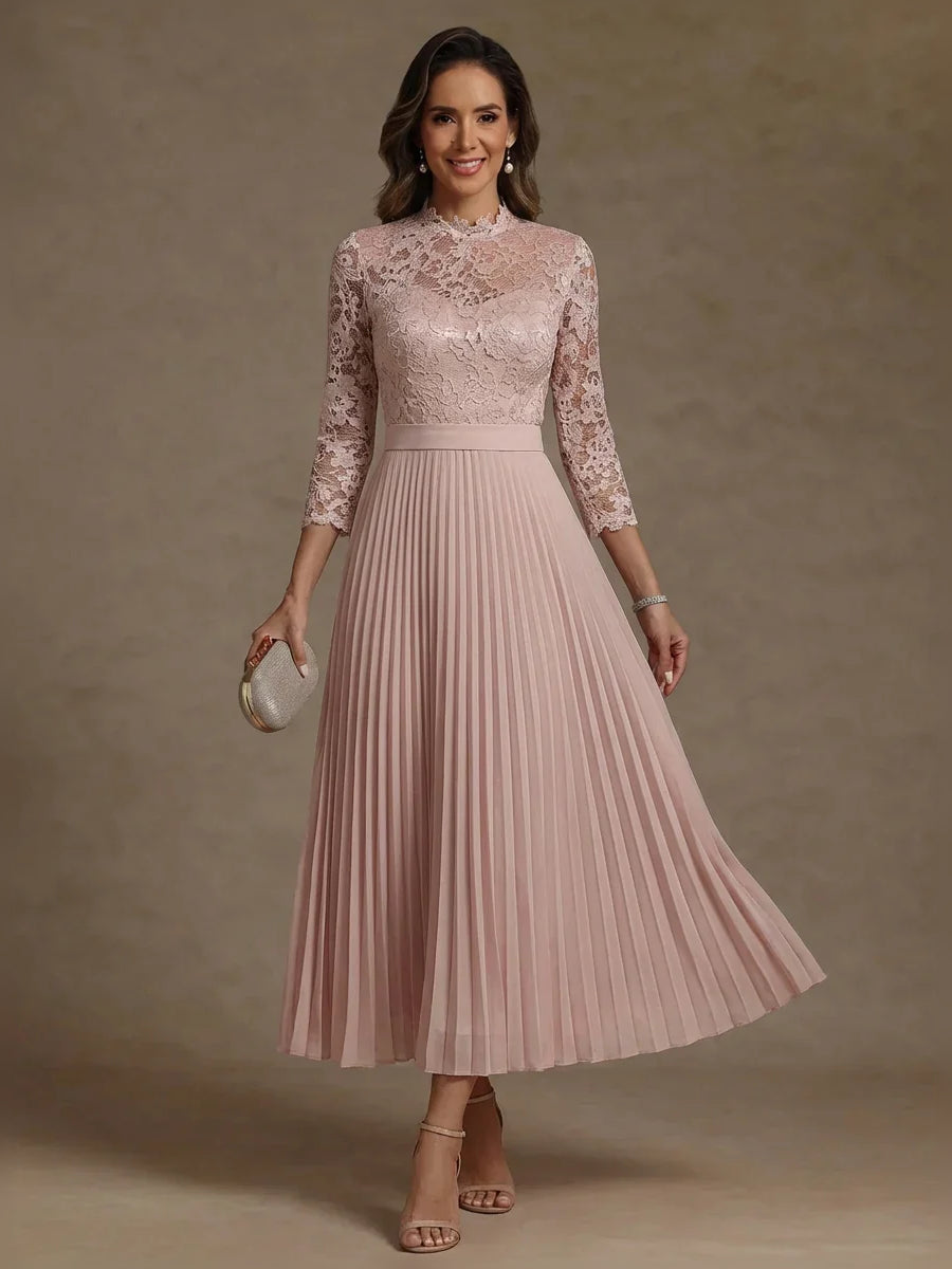 Light Pink tea-length mother of the bride dress, front view showing the a-line silhouette