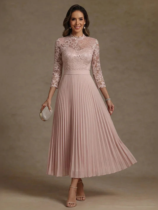 Light Pink tea-length mother of the bride dress, front view showing the a-line silhouette