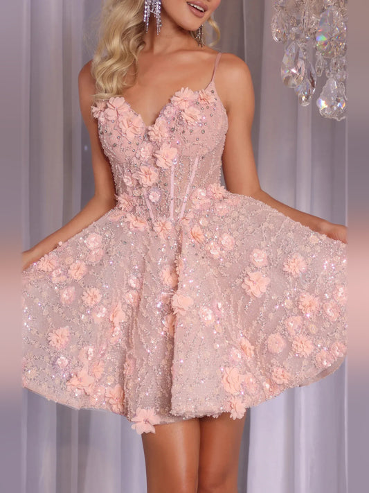 Blush Pink mini homecoming dress, alternate view showing the full-length silhouette