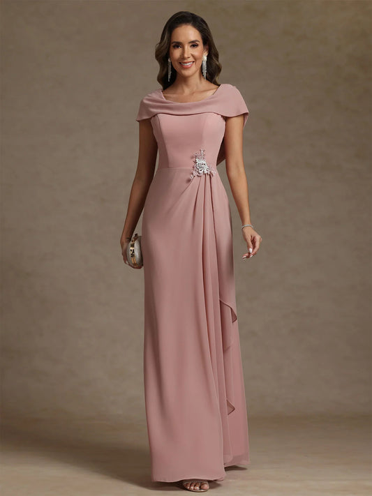 Dusty Rose floor-length mother of the bride dress, front view showing the sheath silhouette