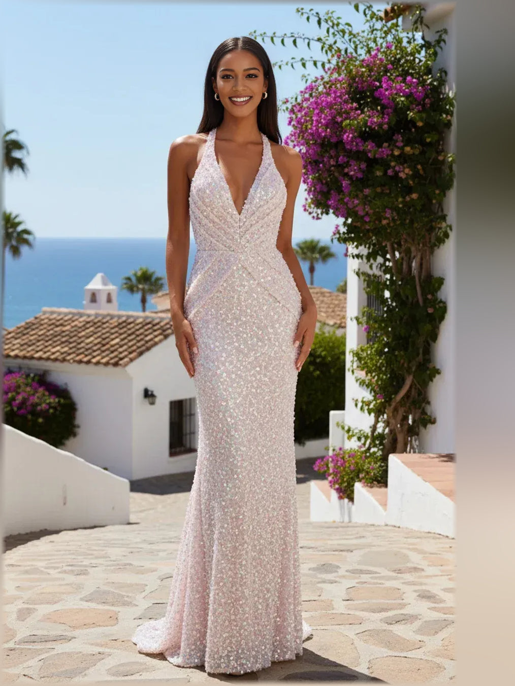 Blush Pink a-line floor-length formal dress with halter neckline, full-length front view