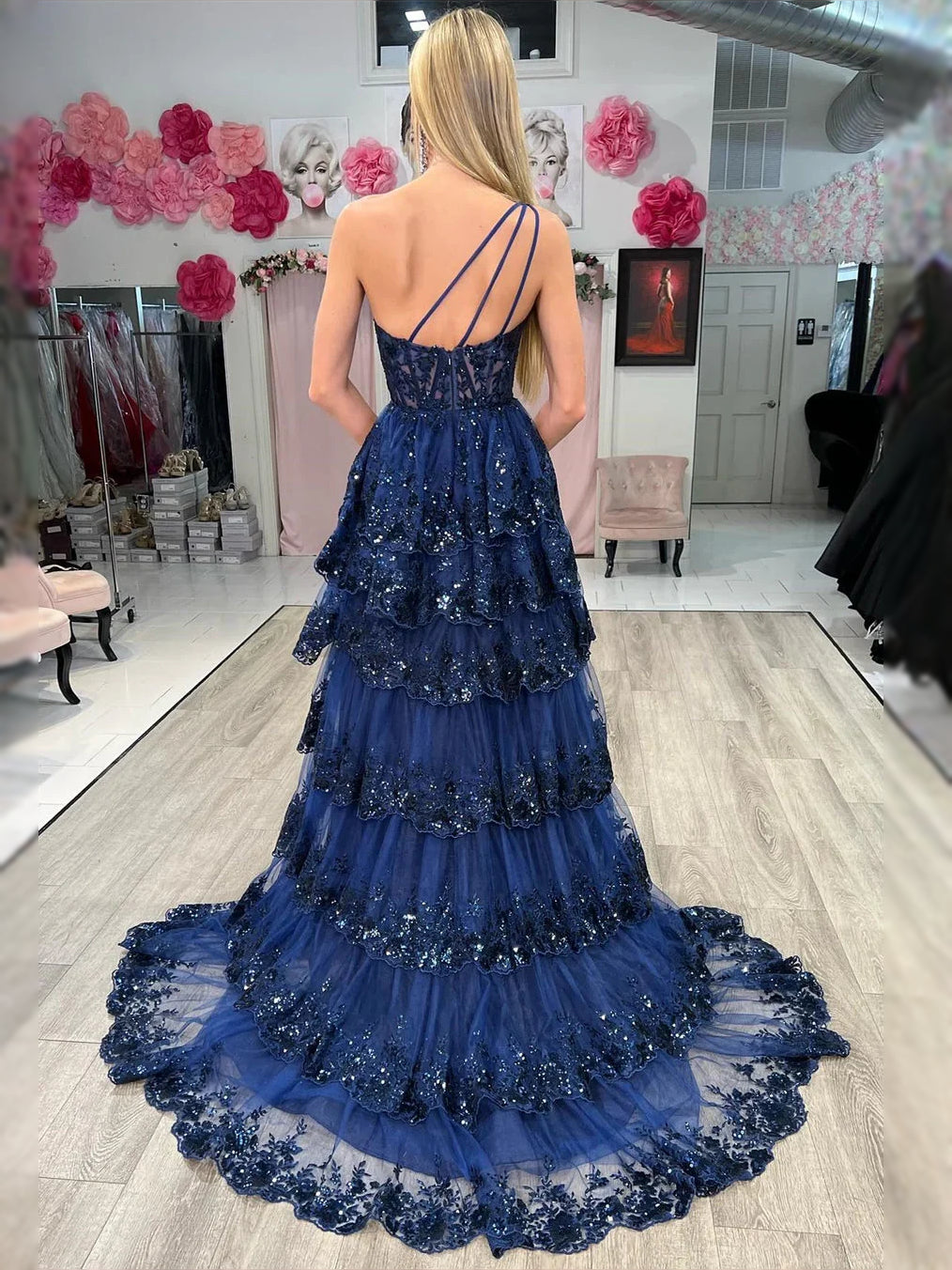 Black maxi prom dress, front view showing the a-line silhouette