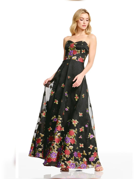Black a-line floor-length formal dress with sweetheart neckline, full-length front view