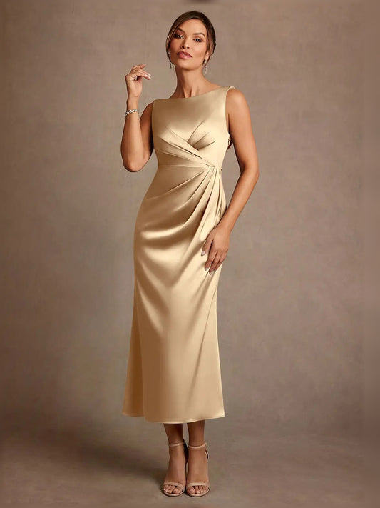 Champagne midi mother of the bride dress, front view showing the sheath silhouette