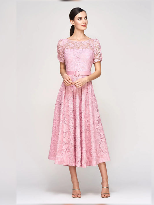 Pink tea-length mother of the bride dress, front view showing the a-line silhouette