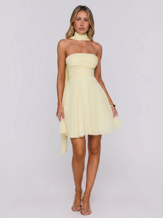 Yellow mini homecoming dress, front view showing the silhouette
