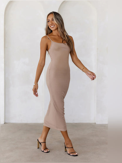 Red midi formal dress, full-length front view