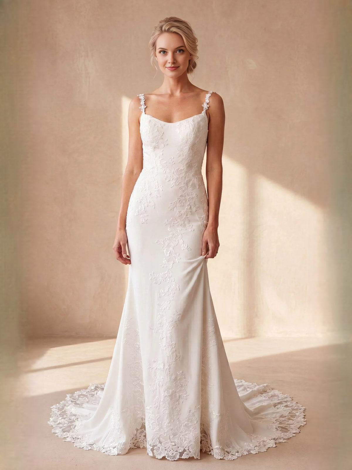 Ivory floor-length wedding dress, front view showing the mermaid silhouette