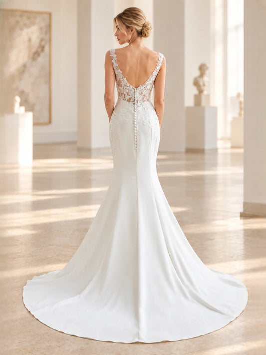 Ivory floor-length wedding dress, front view showing the mermaid silhouette