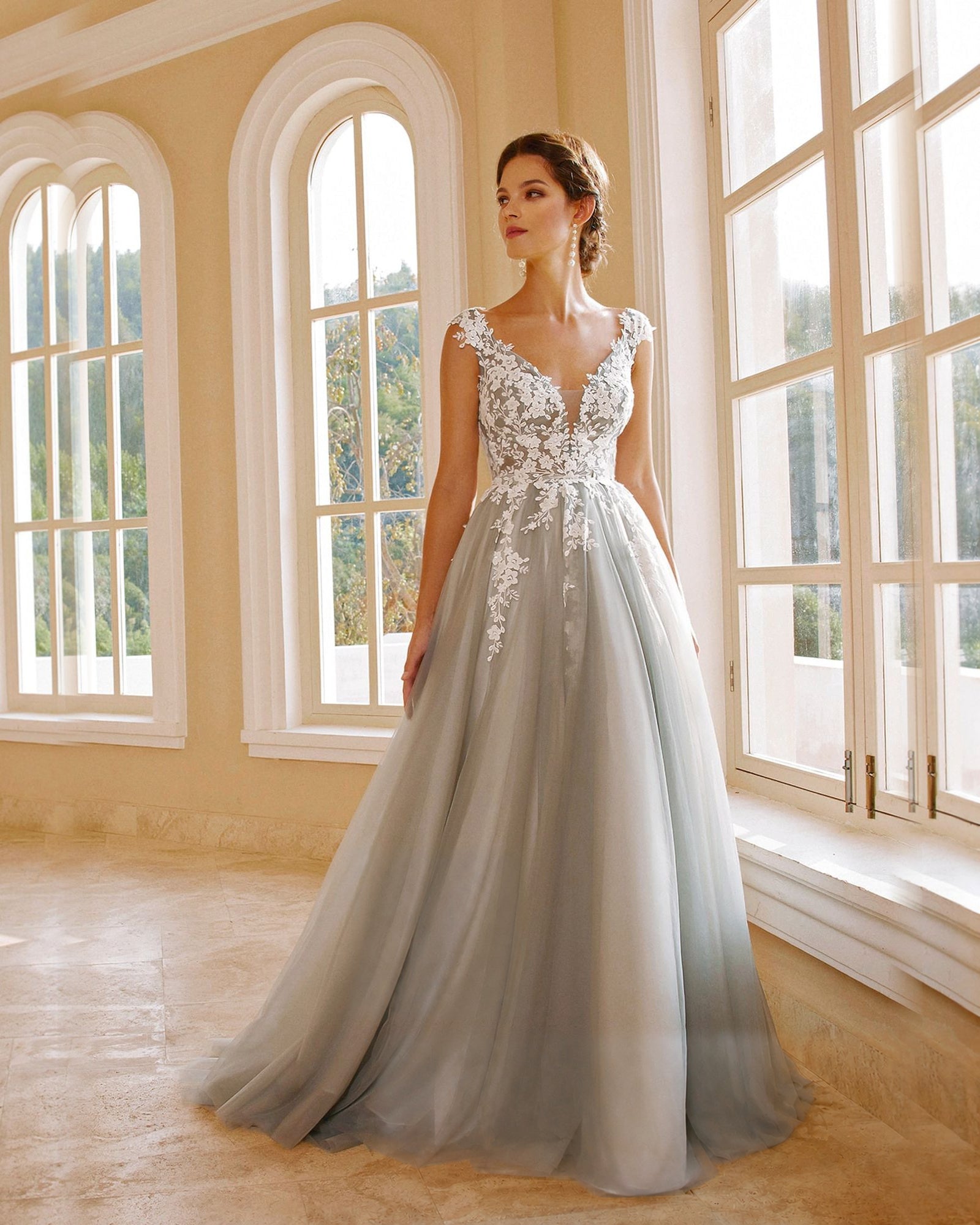 cap sleeve v-neck lace applique a-line wedding dress - image 2