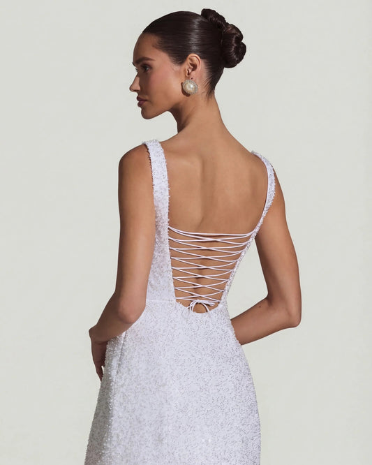 dominique embellished structured a-line white mini homecoming dress - image 2