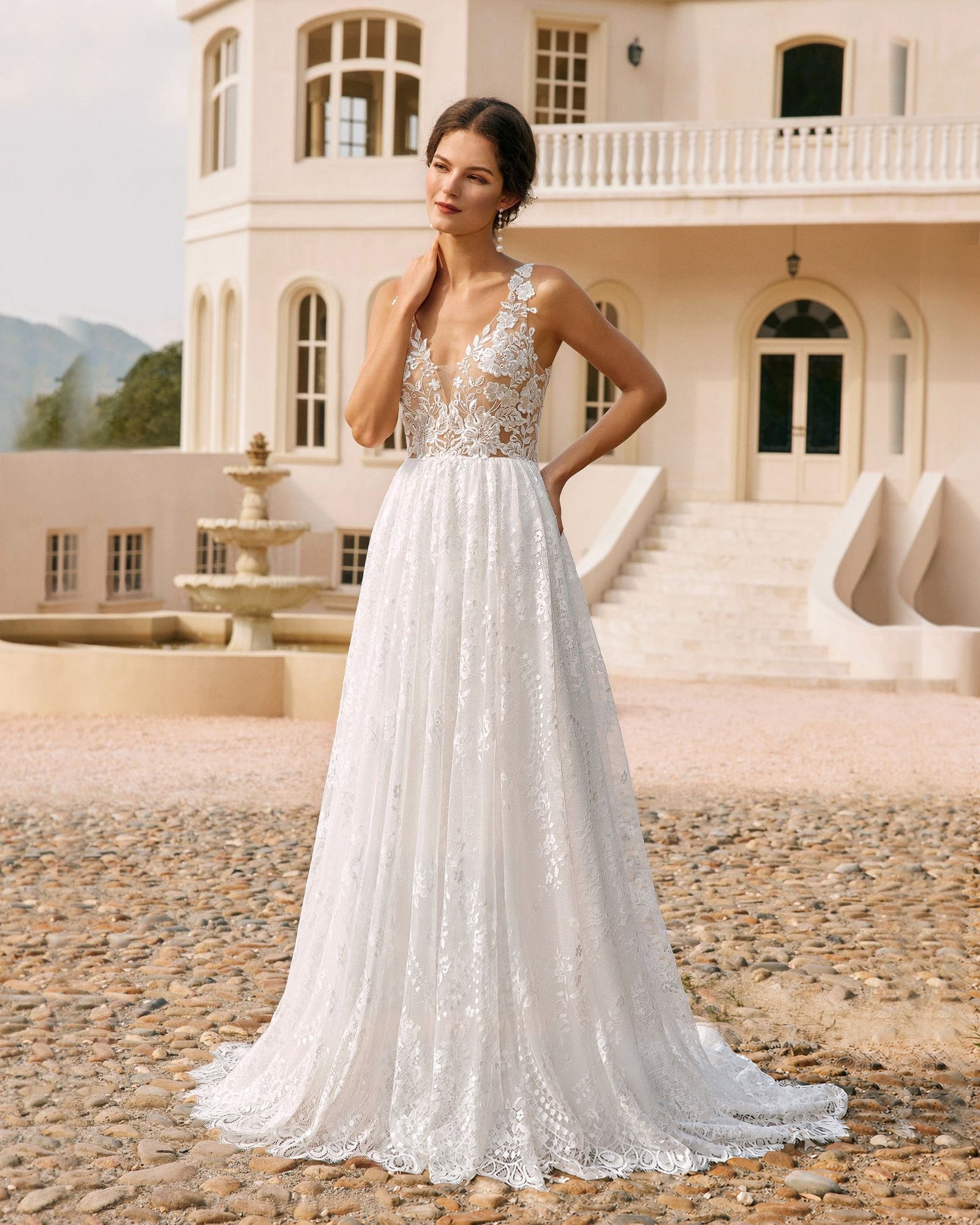 plunging v-neck lace embroidered a-line wedding dress - image 2