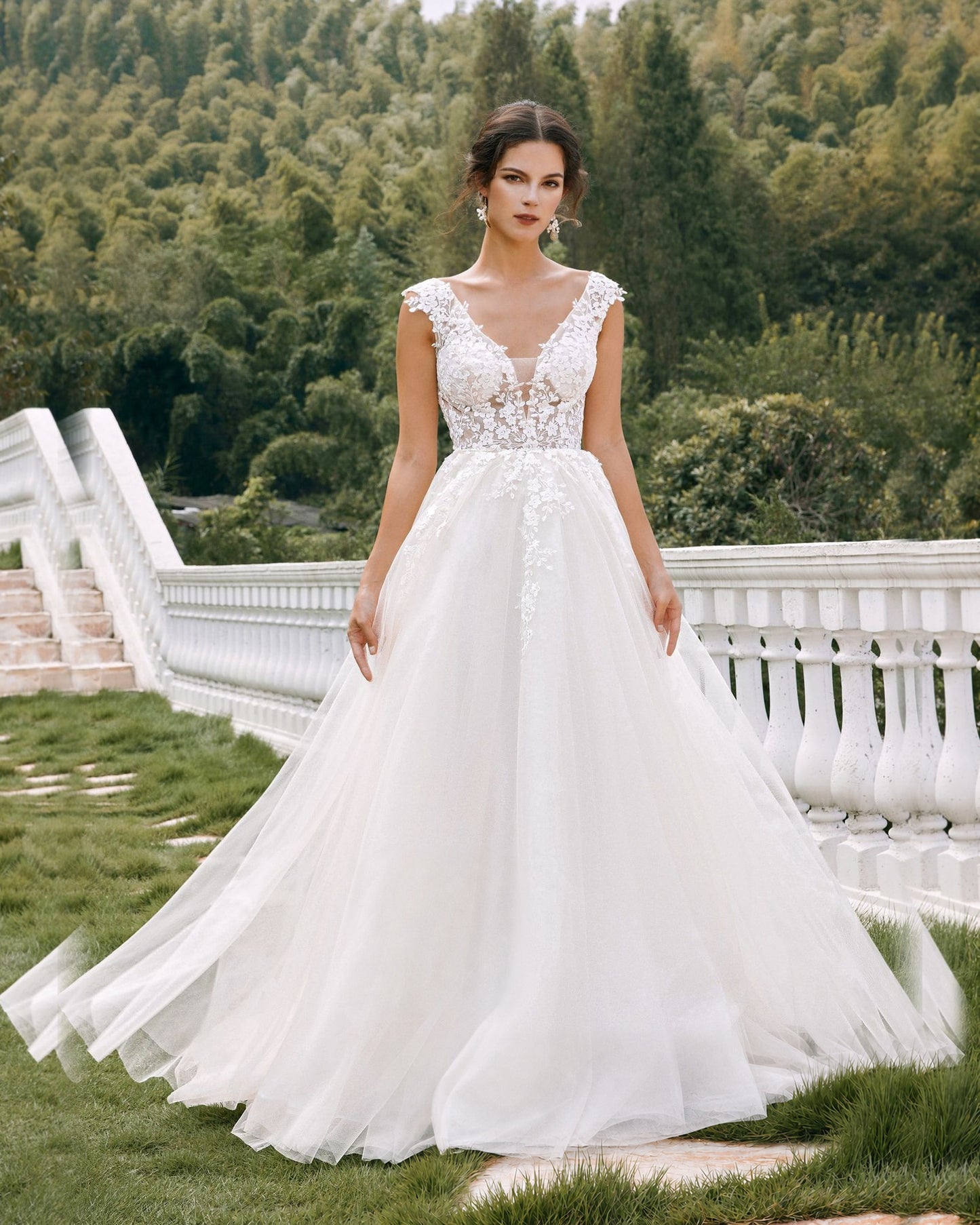 sleeveless v-neck lace tulle a-line wedding dress - image 2
