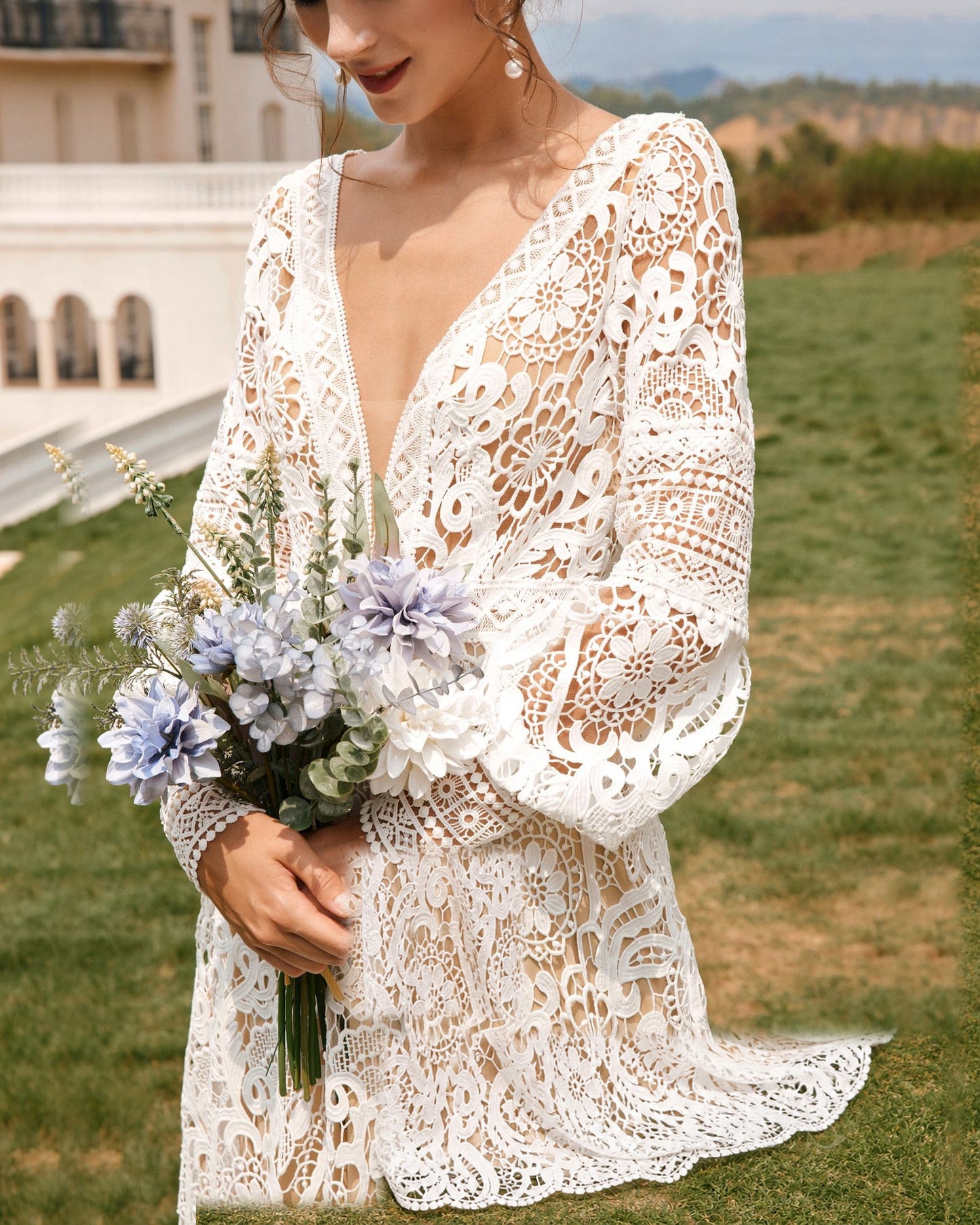 boho bishop sleeve crochet lace wedding dress - image 2