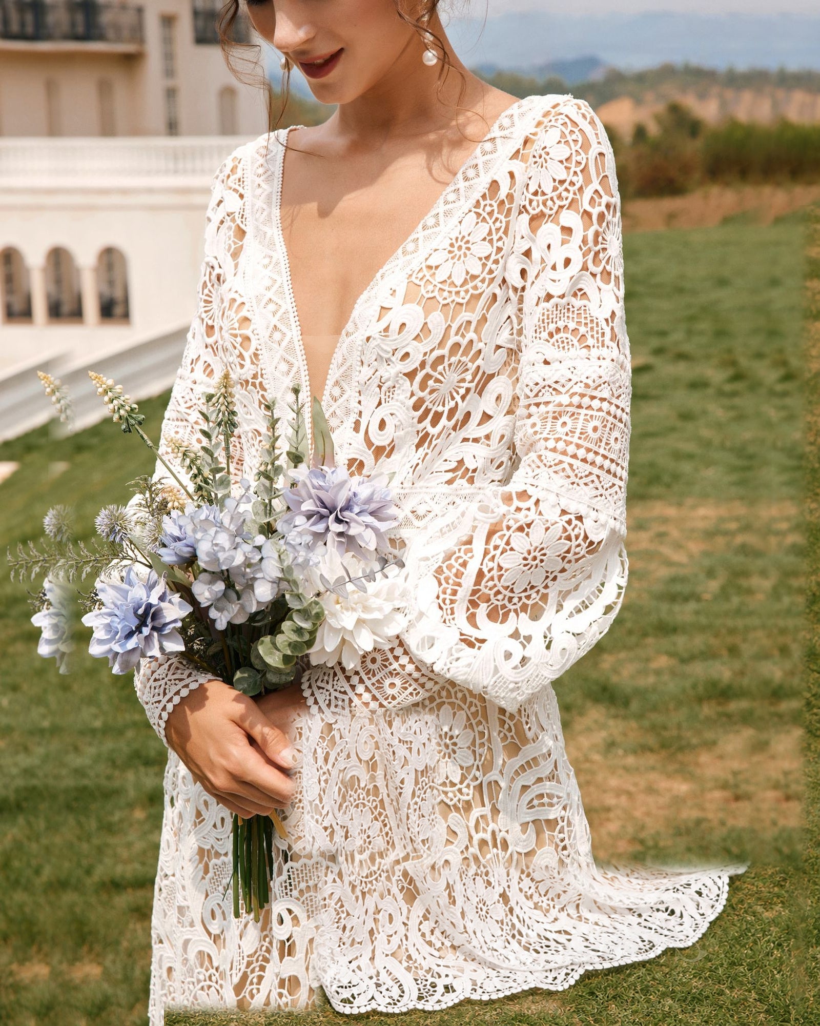 boho bishop sleeve crochet lace wedding dress - image 2
