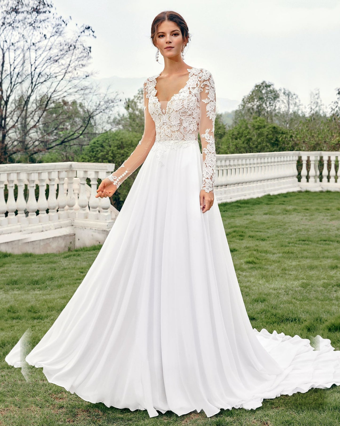 v-neck long sleeve lace chiffon a-line wedding dress - image 2