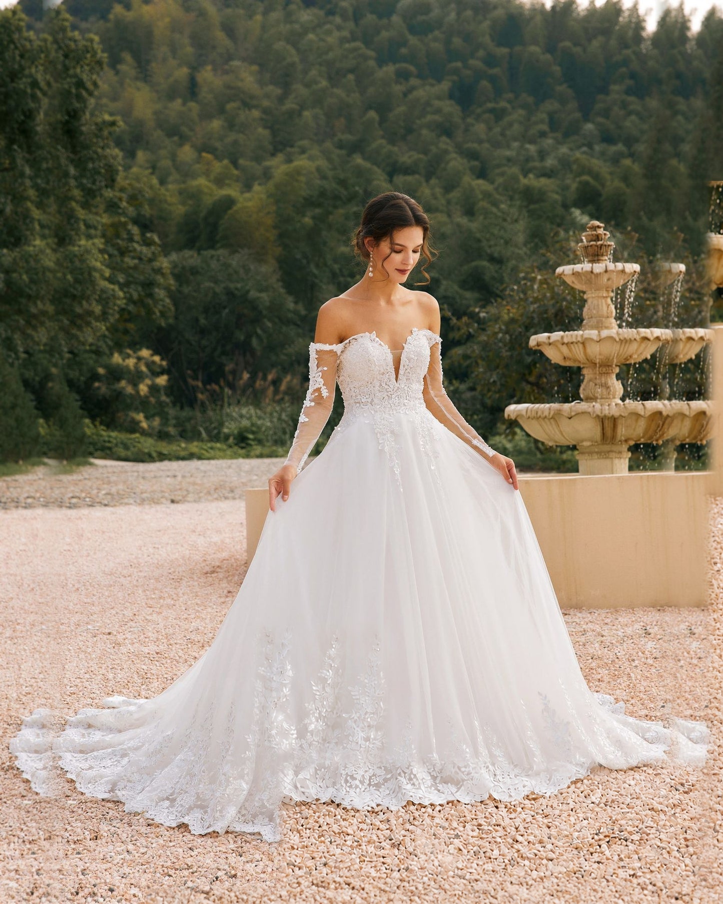 off-shoulder lace sleeve tulle wedding ball gown - image 2