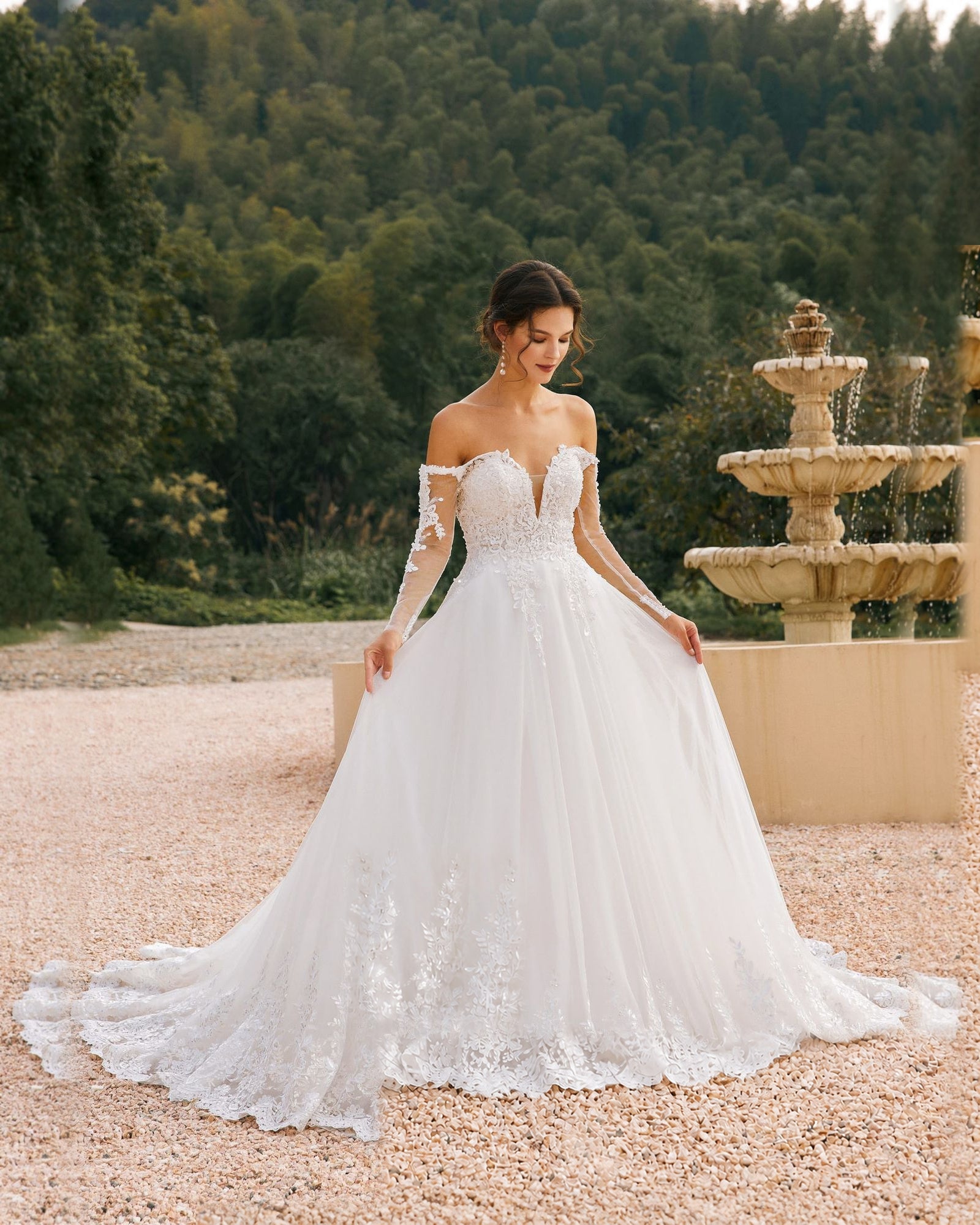 off-shoulder lace sleeve tulle wedding ball gown - image 2