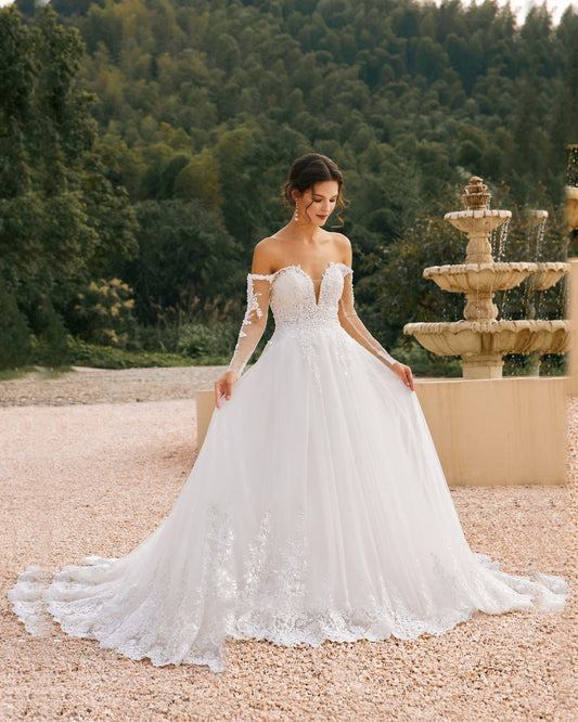 off-shoulder lace sleeve tulle wedding ball gown - image 2