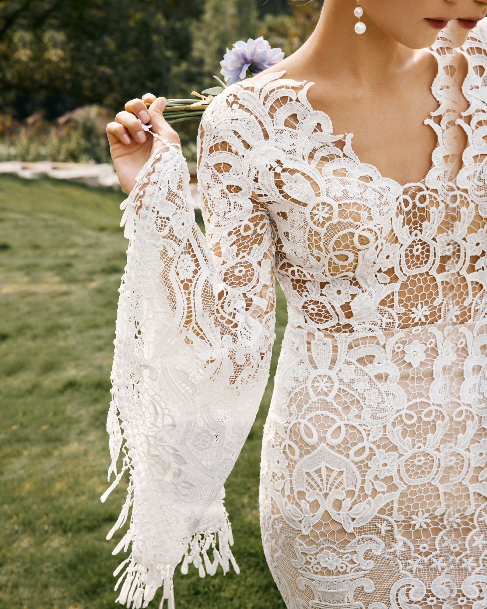fringe bell sleeve lace mermaid wedding dress - image 2