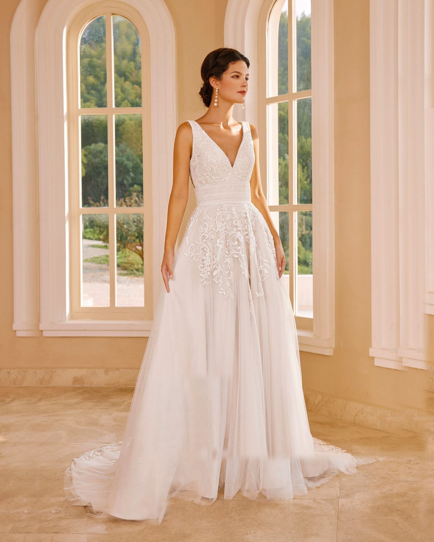sleeveless v-neck lace tulle chapel train wedding dress - image 2