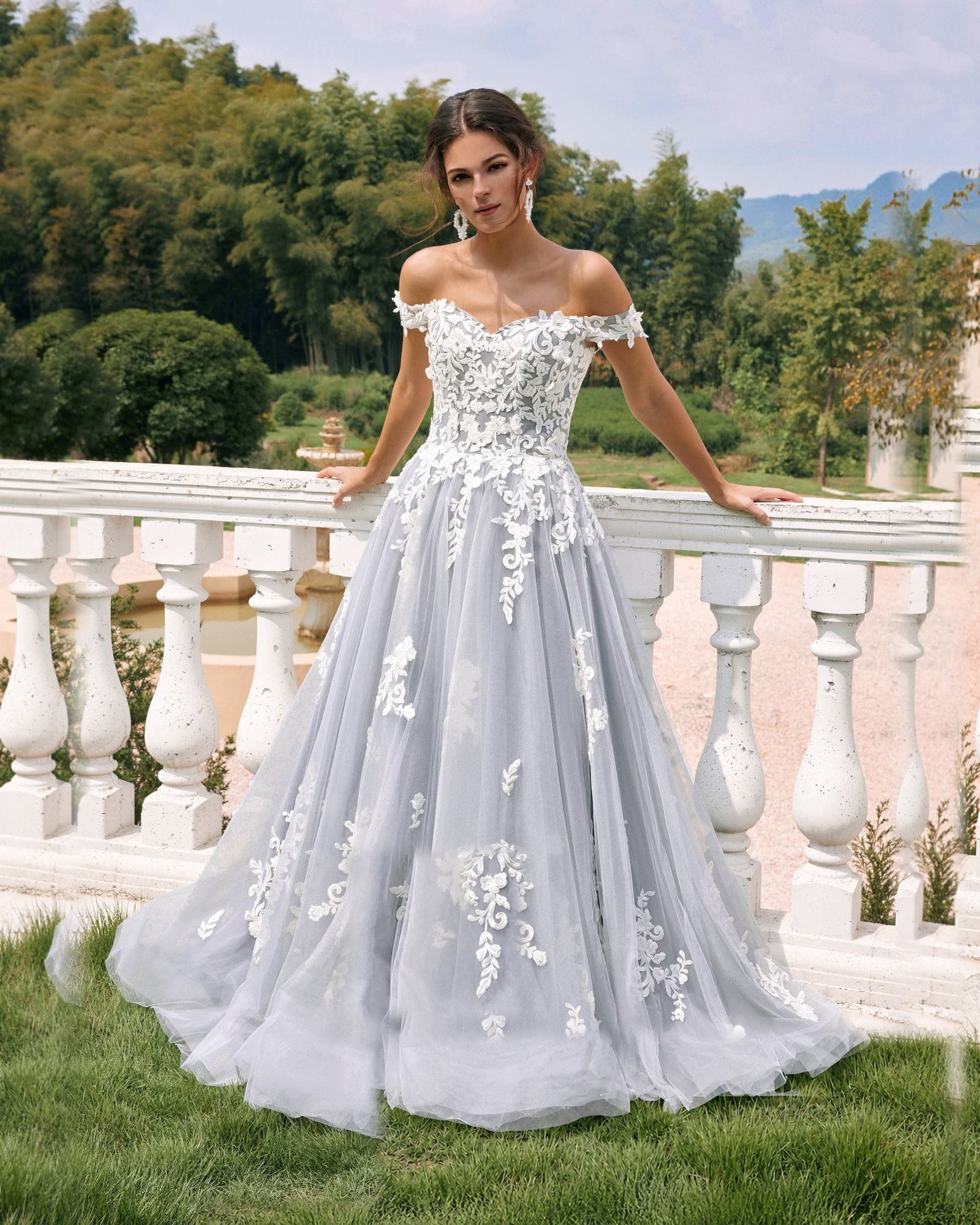 off-shoulder lace applique tulle ball gown wedding dress - image 2