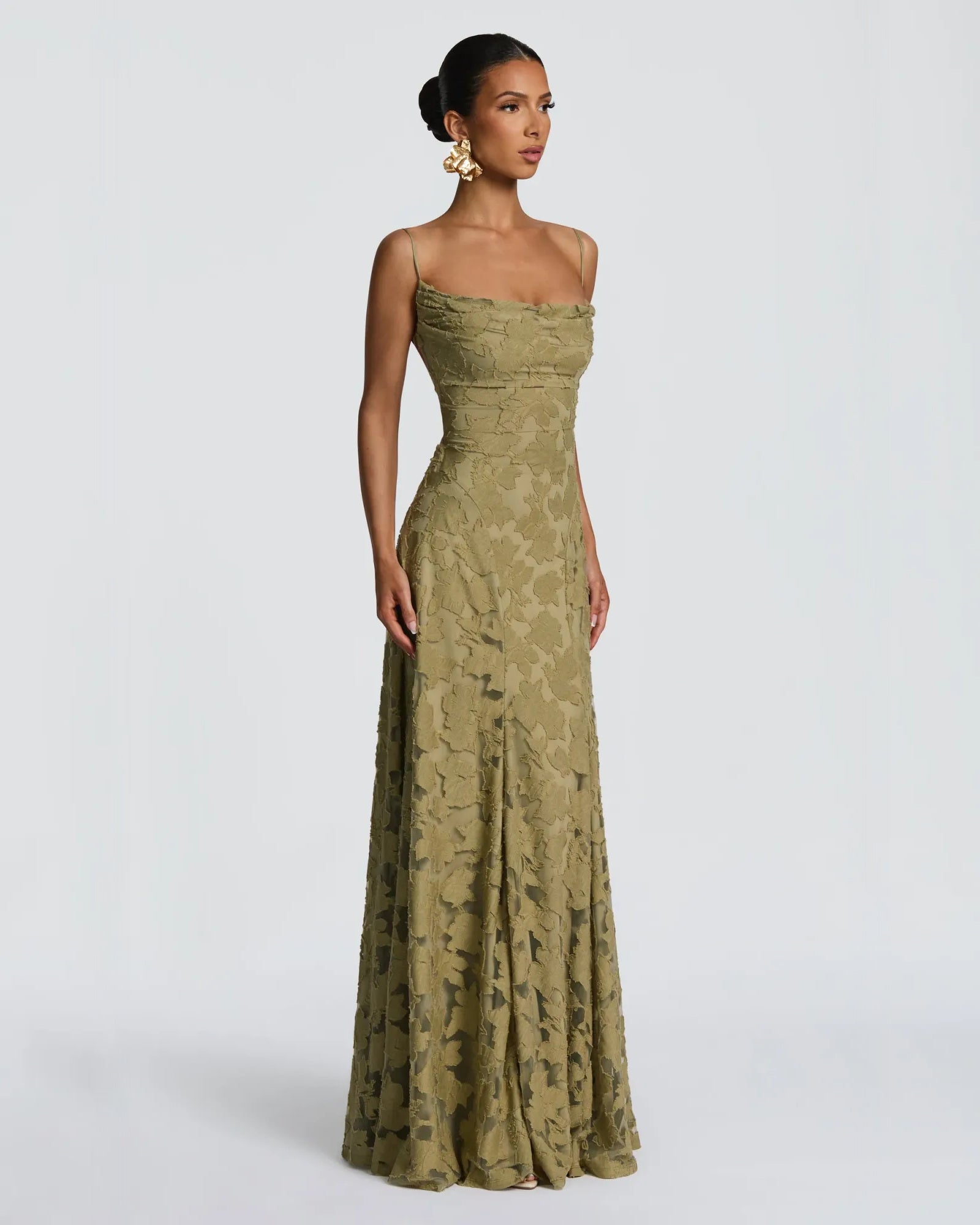 green brown cowl neck floral lace A-line formal dress with lace-up back - image 2