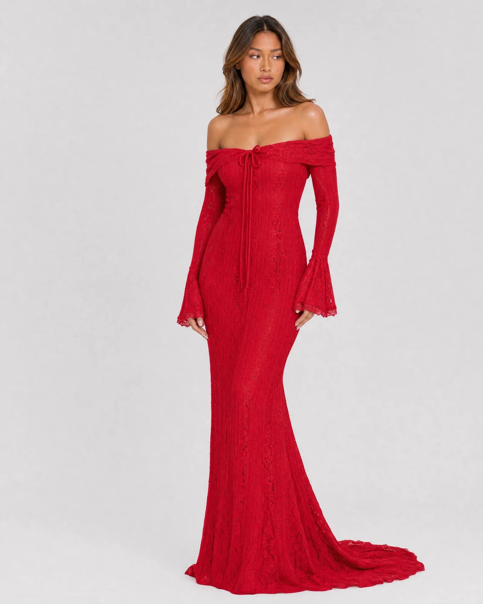 off-shoulder bell sleeve lace mermaid formal dress - image 2