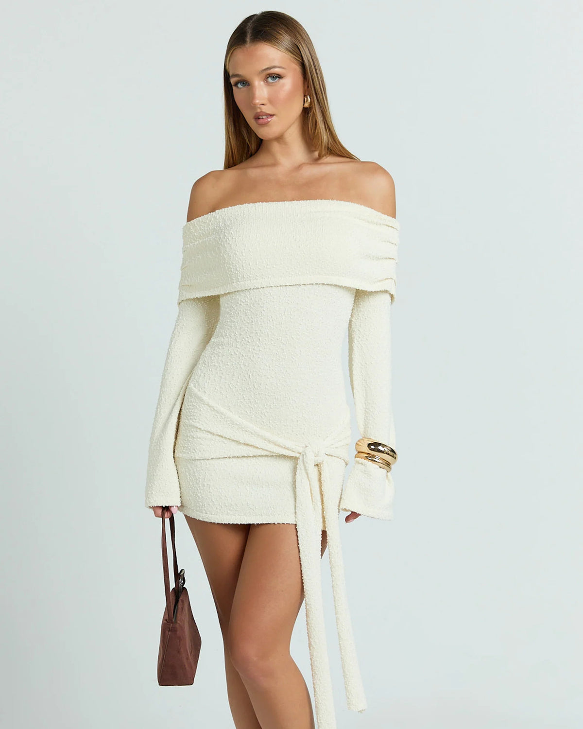 knitted off shoulder tie waist cream mini homecoming dress - image 2