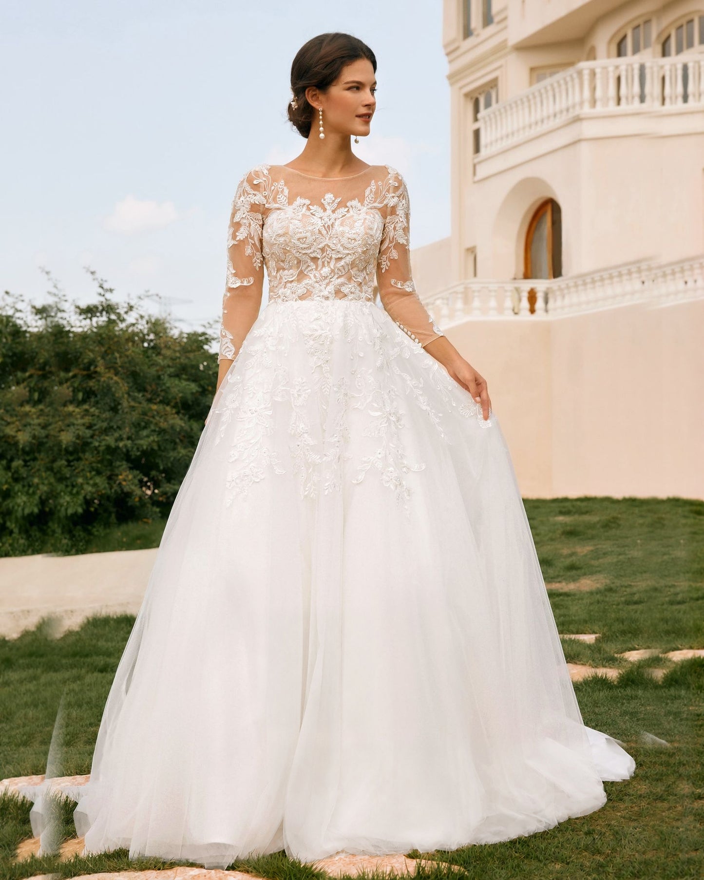 bateau neck lace sleeve tulle a-line wedding dress - image 2