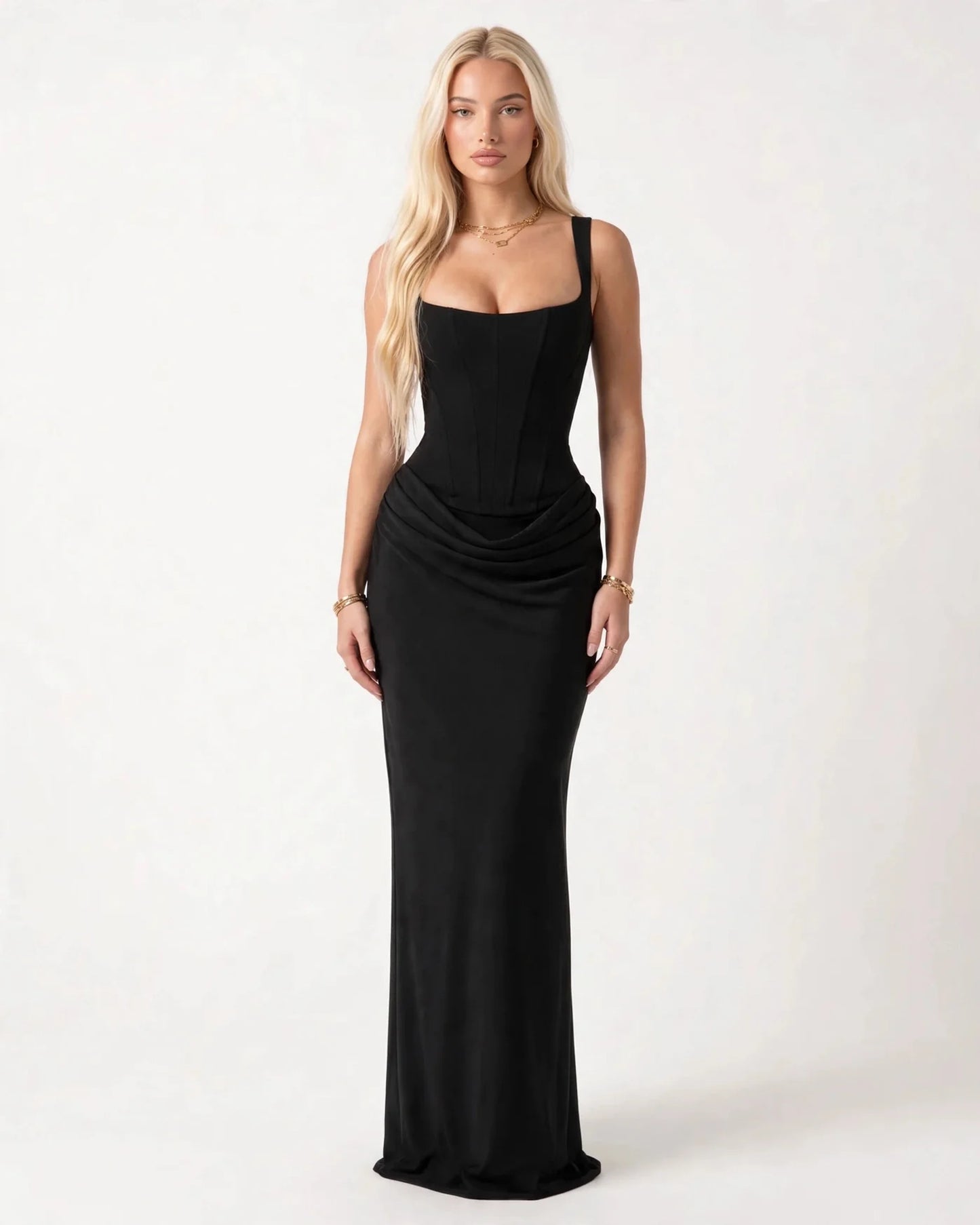 black square neck satin sheath formal dress with corset bodice - image 2