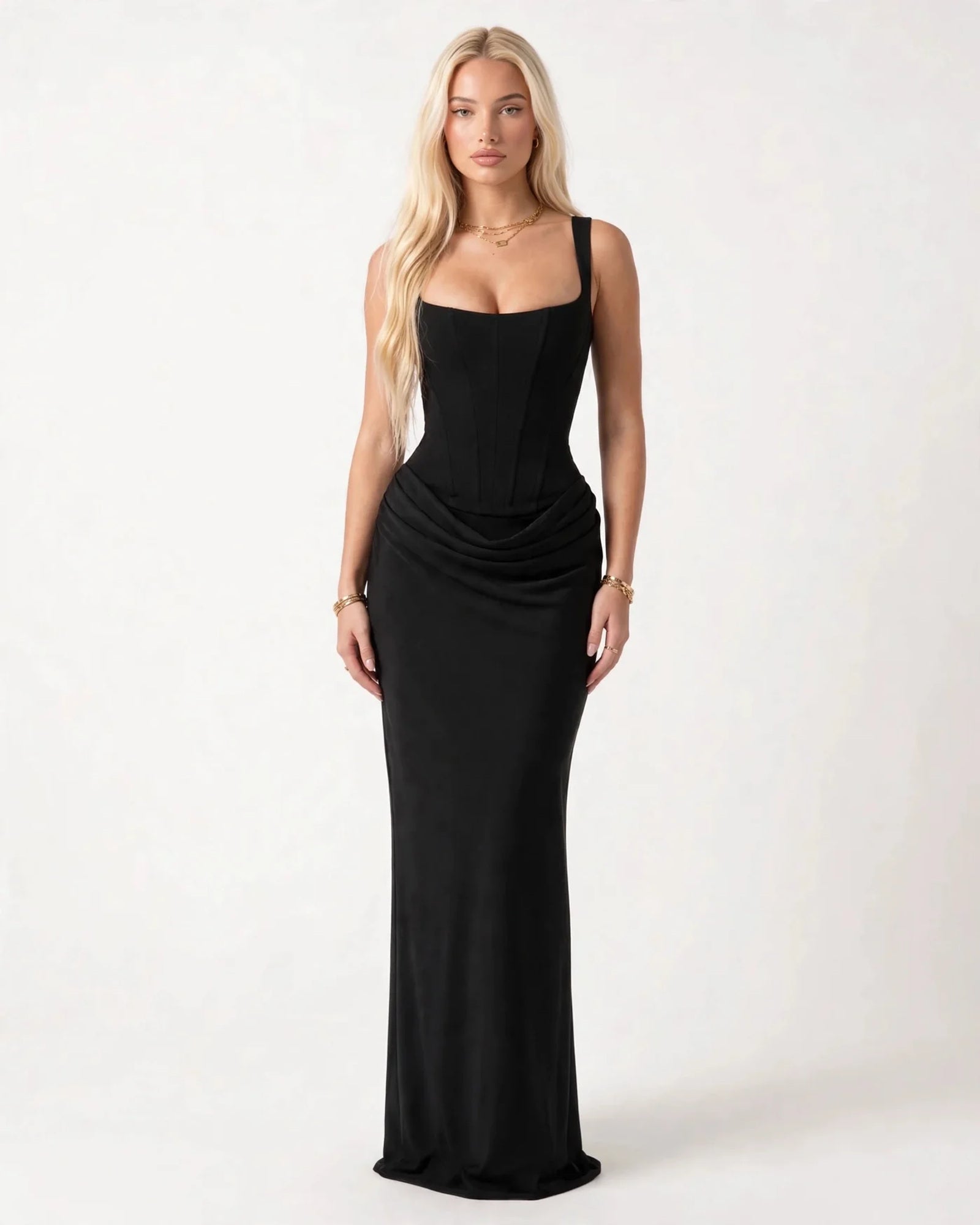 black square neck satin sheath formal dress with corset bodice - image 2