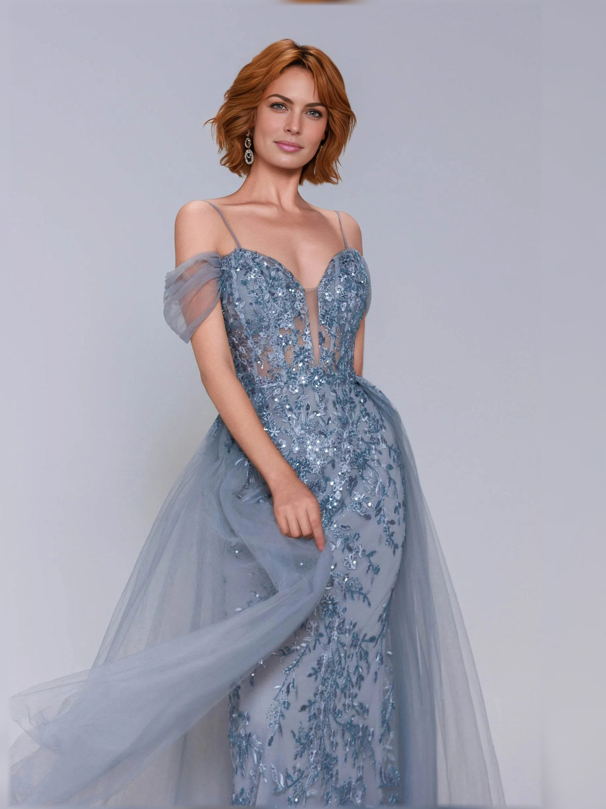 Dusty Blue mermaid floor-length formal dress with corset-style bodice, alternate view