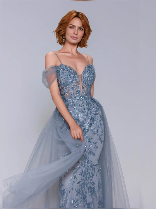 Dusty Blue mermaid floor-length formal dress with corset-style bodice, alternate view