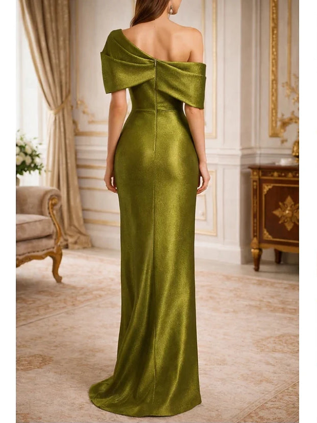 Olive Green mermaid floor-length formal dress with bow detail, alternate view