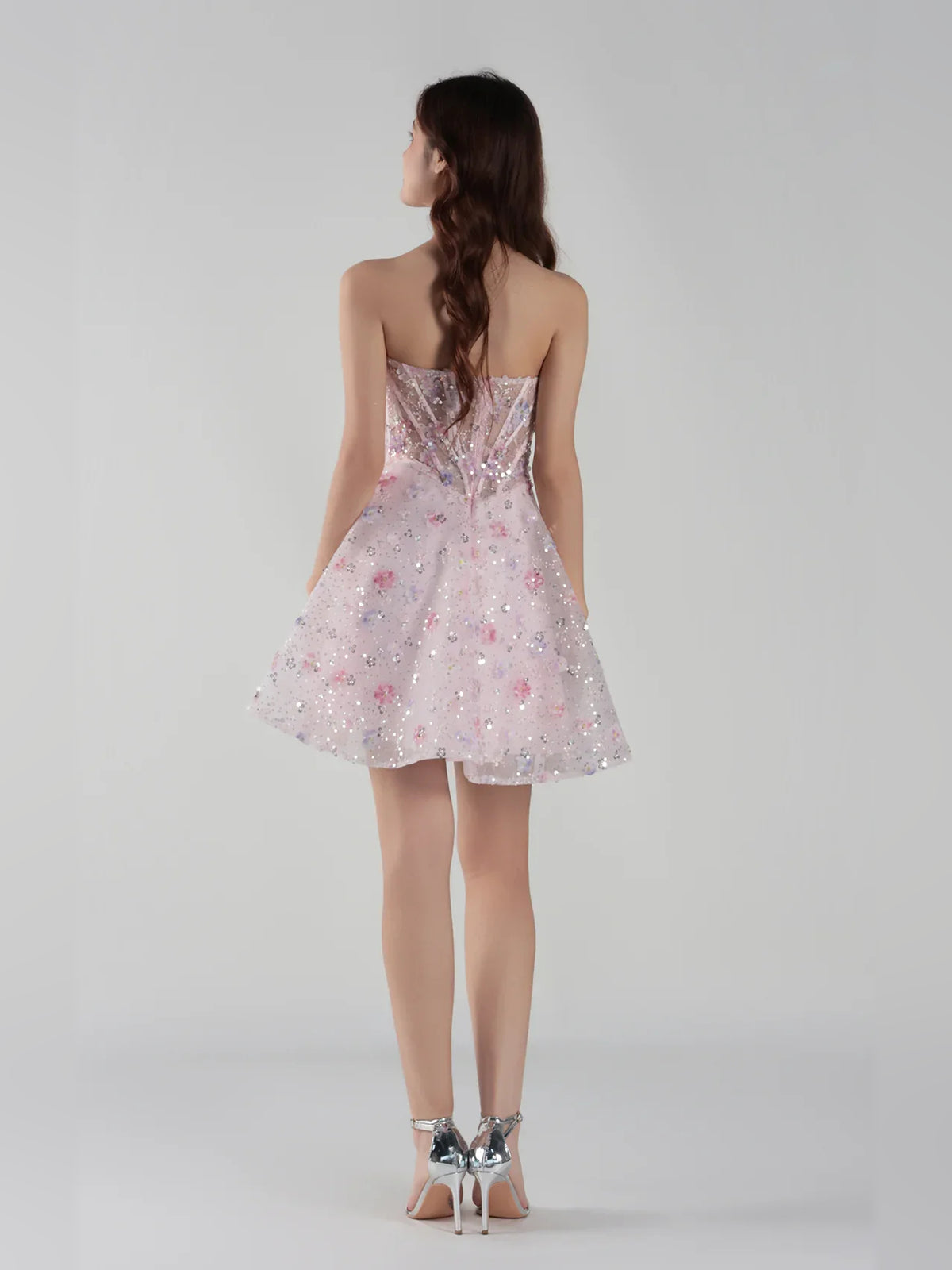 Light Pink mini homecoming dress, back view showing the rear of the dress