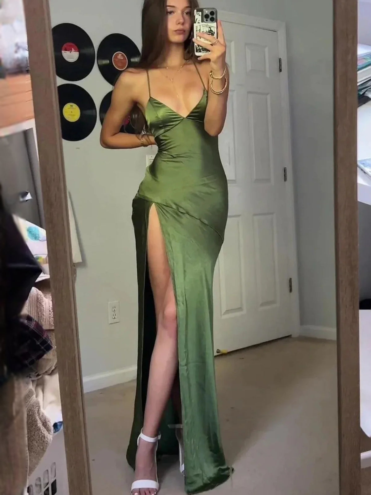Green floor-length prom dress, back view showing the rear of the dress