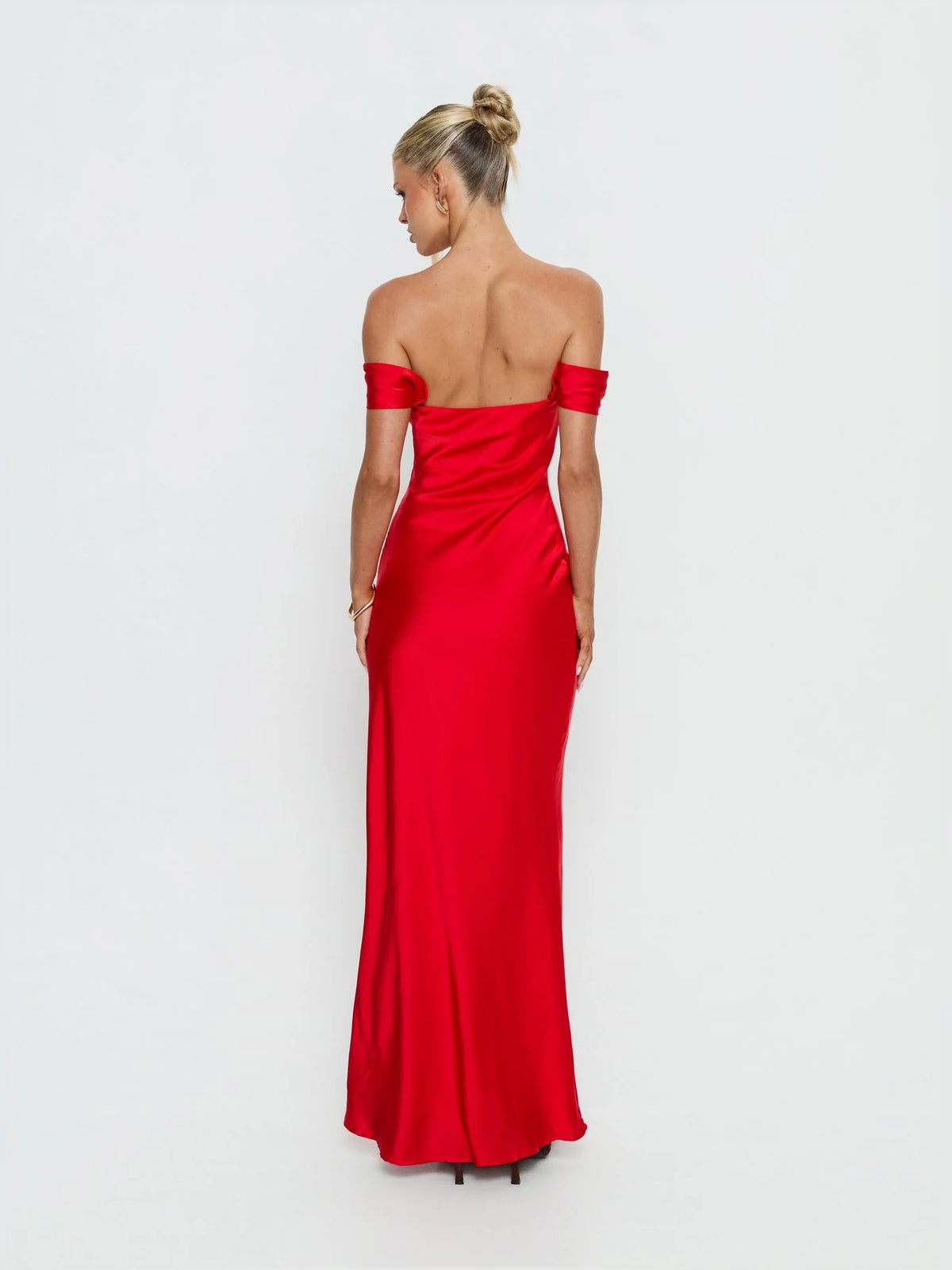 Red maxi prom dress, alternate view showing the bodice and skirt