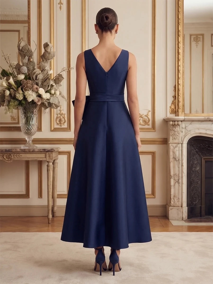 Navy Blue midi mother of the bride dress, alternate view showing the bodice and skirt