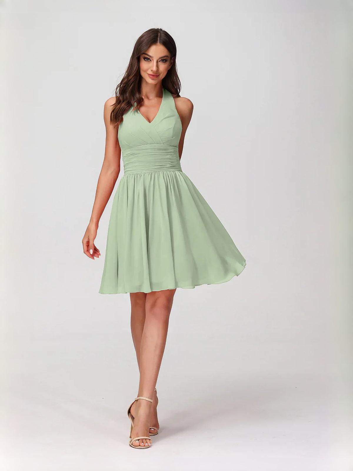 Sage Green mini bridesmaid dress, alternate view showing the bodice and skirt